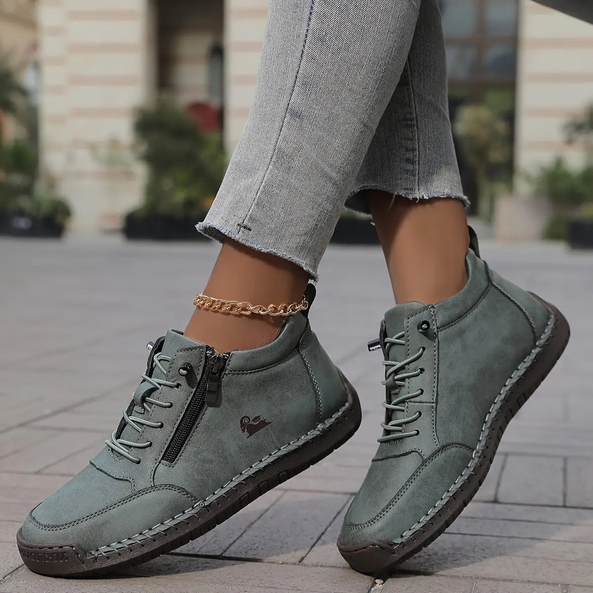 Women's Orthopedic Comfort Shoes with Lace-Up Zipper Ankle Design - Side Step Sage