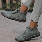 Green Women's Orthopedic Comfort Shoes with Lace-Up Zipper Ankle Design - Walking Motion Pose