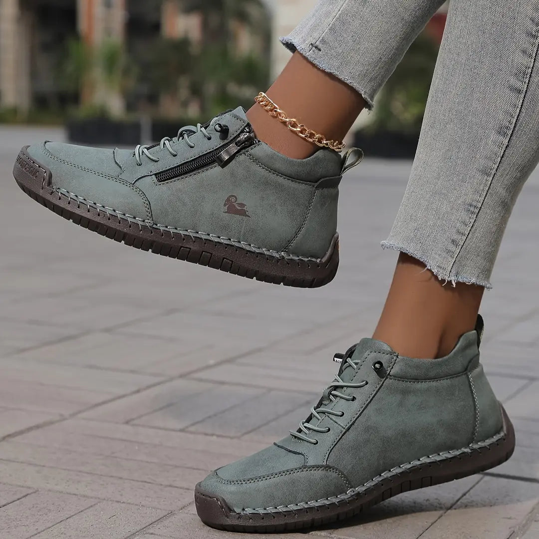 Green Women's Orthopedic Comfort Shoes with Lace-Up Zipper Ankle Design - Walking Motion Pose