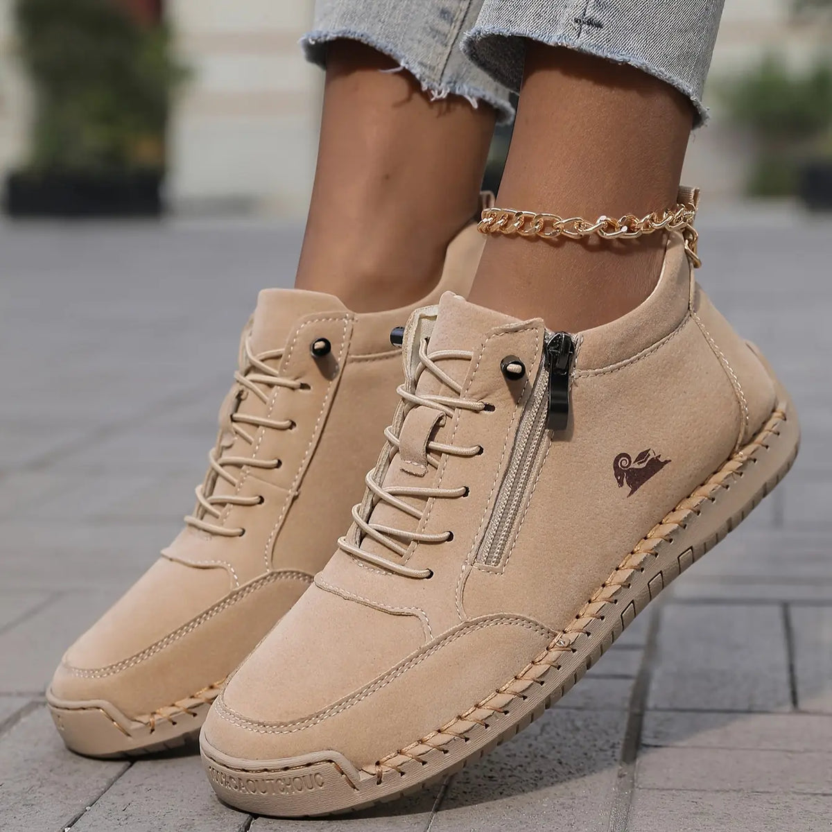 Khaki Women's Orthopedic Comfort Shoes with Lace-Up Zipper Ankle Design - Forward Lean Pose