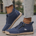 Navy Blue Women's Orthopedic Comfort Shoes with Lace-Up Zipper Ankle Design - Side Pose