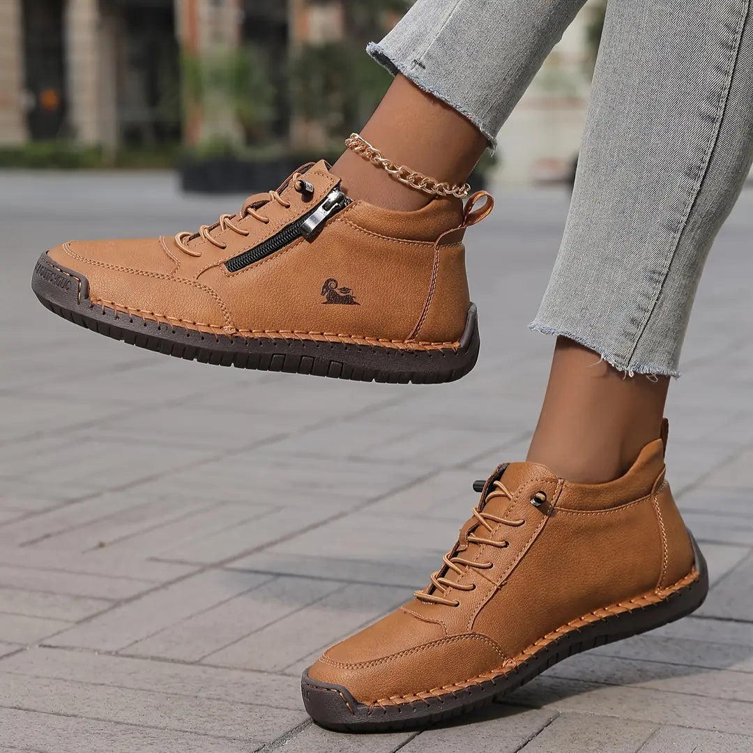 Women's Orthopedic Comfort Shoes with Lace-Up Zipper Ankle Design - Brown Floating Foot Pose