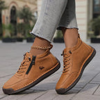 Olive Brown Women's Orthopedic Comfort Shoes with Lace-Up Zipper Ankle Design - Side Profile Walk
