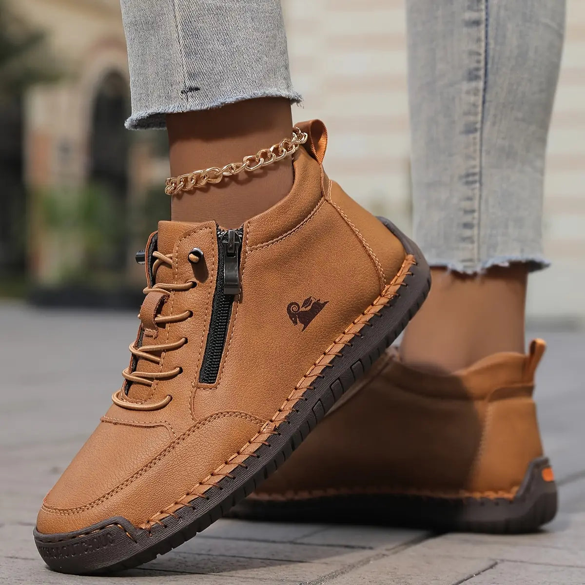 Women's Orthopedic Comfort Shoes with Lace-Up Zipper Ankle Design - Side Step