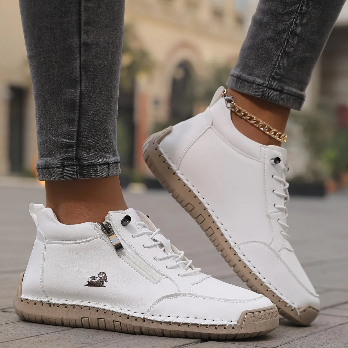 White Women's Orthopedic Comfort Shoes with Lace-Up Zipper Ankle Design - Sneaker Pose