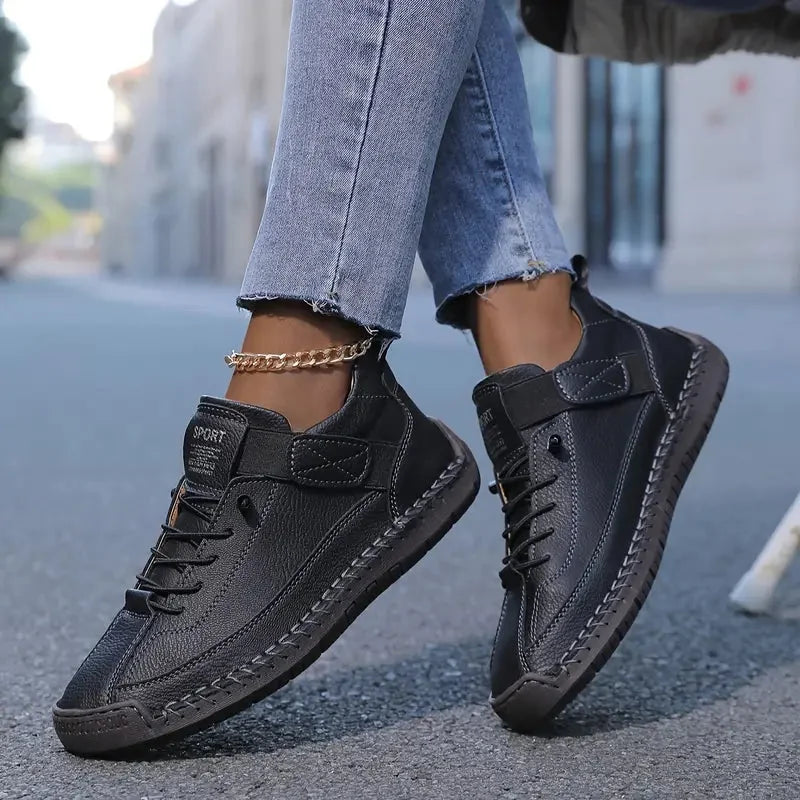 Black Women's Orthopedic Leather Sneakers with Cushioned Footbed & Lightweight Comfort - Front Full