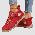 Red Women's Orthopedic Leather Sneakers with Cushioned Footbed & Lightweight Comfort - Worn Lifestyle