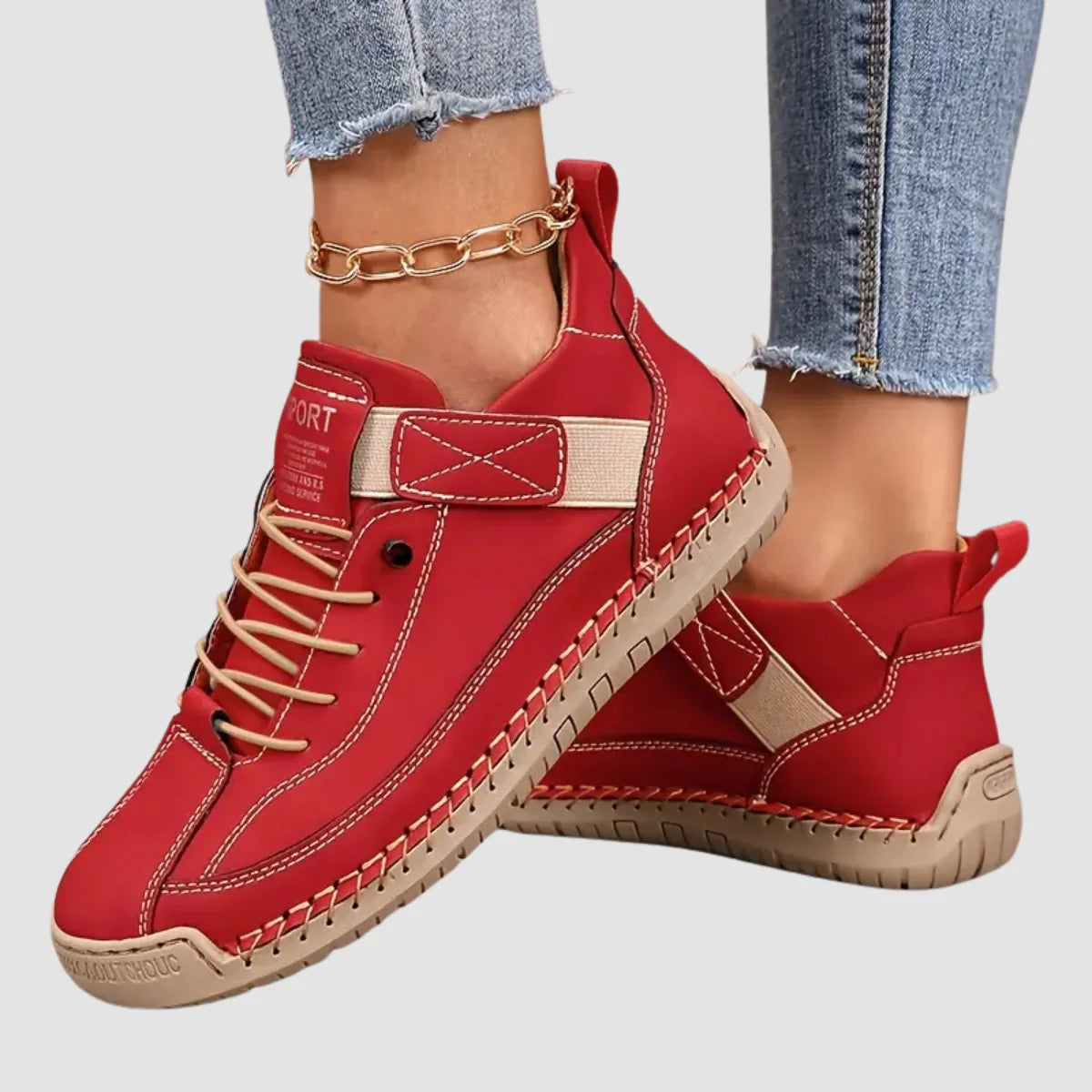 Red Women's Orthopedic Leather Sneakers with Cushioned Footbed & Lightweight Comfort - Worn Lifestyle