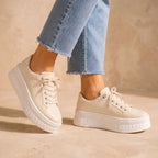 Beige Women's Orthopedic Platform Sneakers with Cushioned Arch Support & Lace-Up Closure — Tia - Side Pose