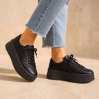 Black Women's Orthopedic Platform Sneakers with Cushioned Arch Support & Lace-Up Closure — Tia - Model Walking