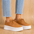 Brown Women's Orthopedic Platform Sneakers with Cushioned Arch Support & Lace-Up Closure — Tia - Front Closeup Pair