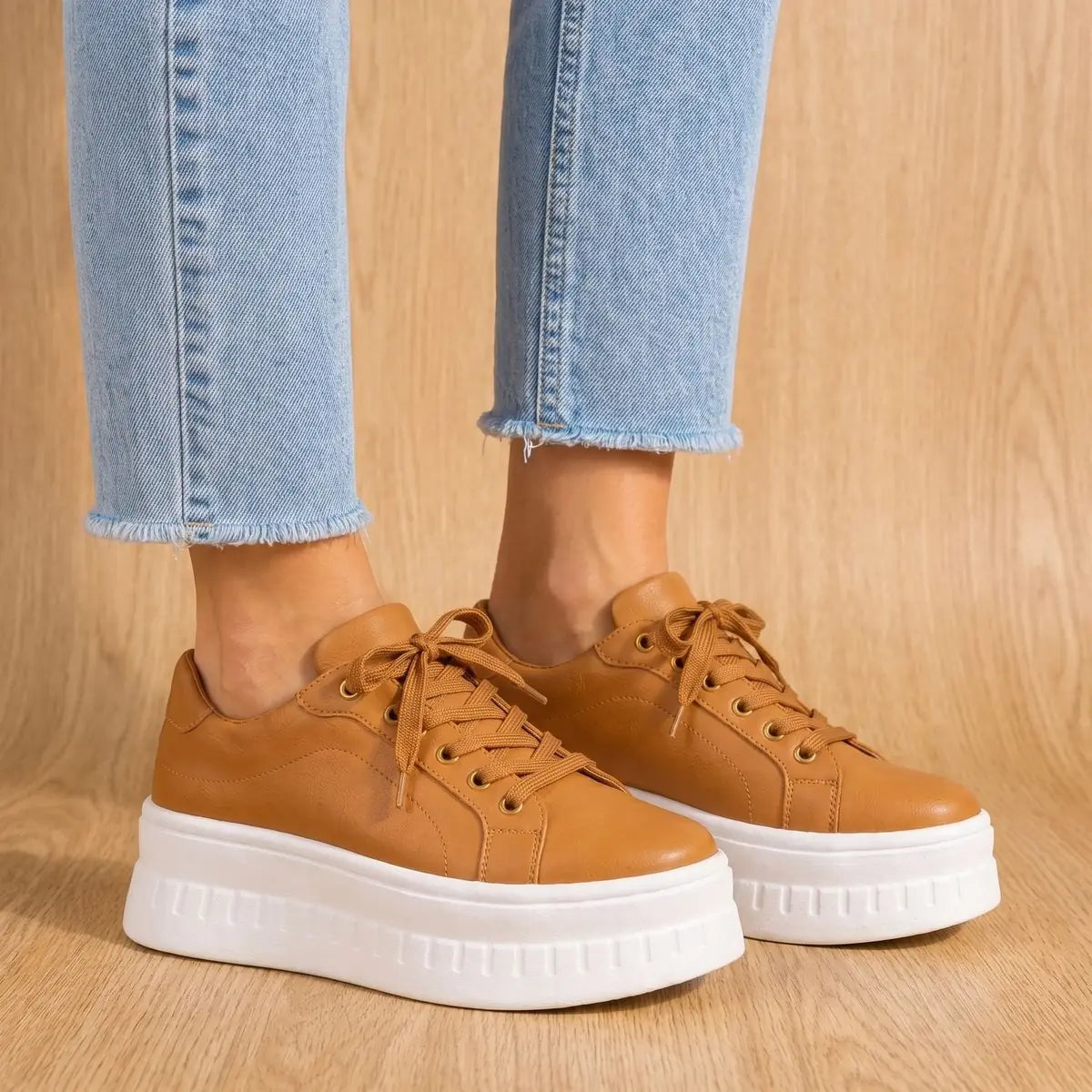 Brown Women's Orthopedic Platform Sneakers with Cushioned Arch Support & Lace-Up Closure — Tia - Front Closeup Pair