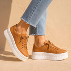 Brown Women's Orthopedic Platform Sneakers with Cushioned Arch Support & Lace-Up Closure — Tia - Front Walking Pose