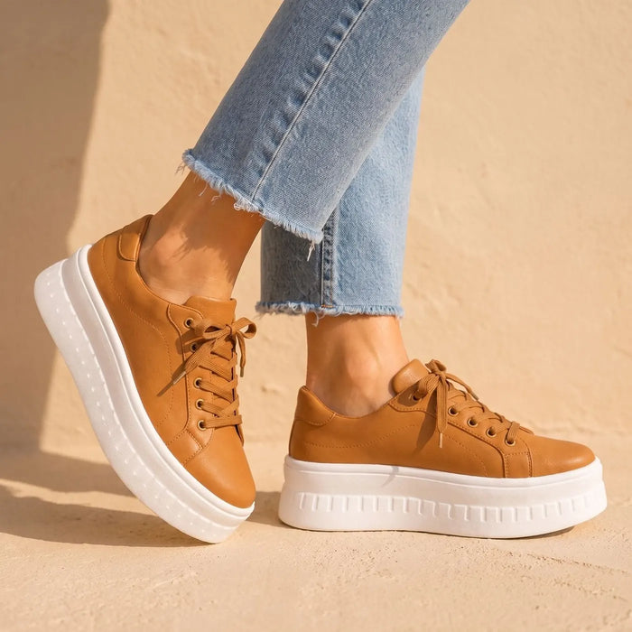 Brown Women's Orthopedic Platform Sneakers with Cushioned Arch Support & Lace-Up Closure — Tia - Front Walking Pose