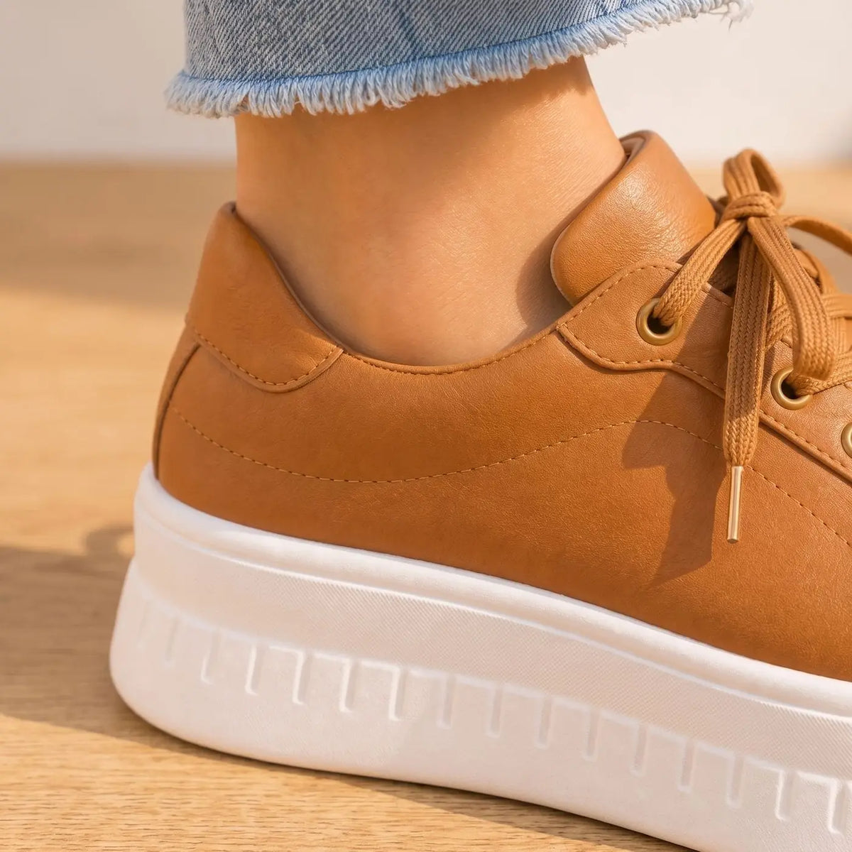 Brown Women's Orthopedic Platform Sneakers with Cushioned Arch Support & Lace-Up Closure — Tia - Heel Detail Closeup