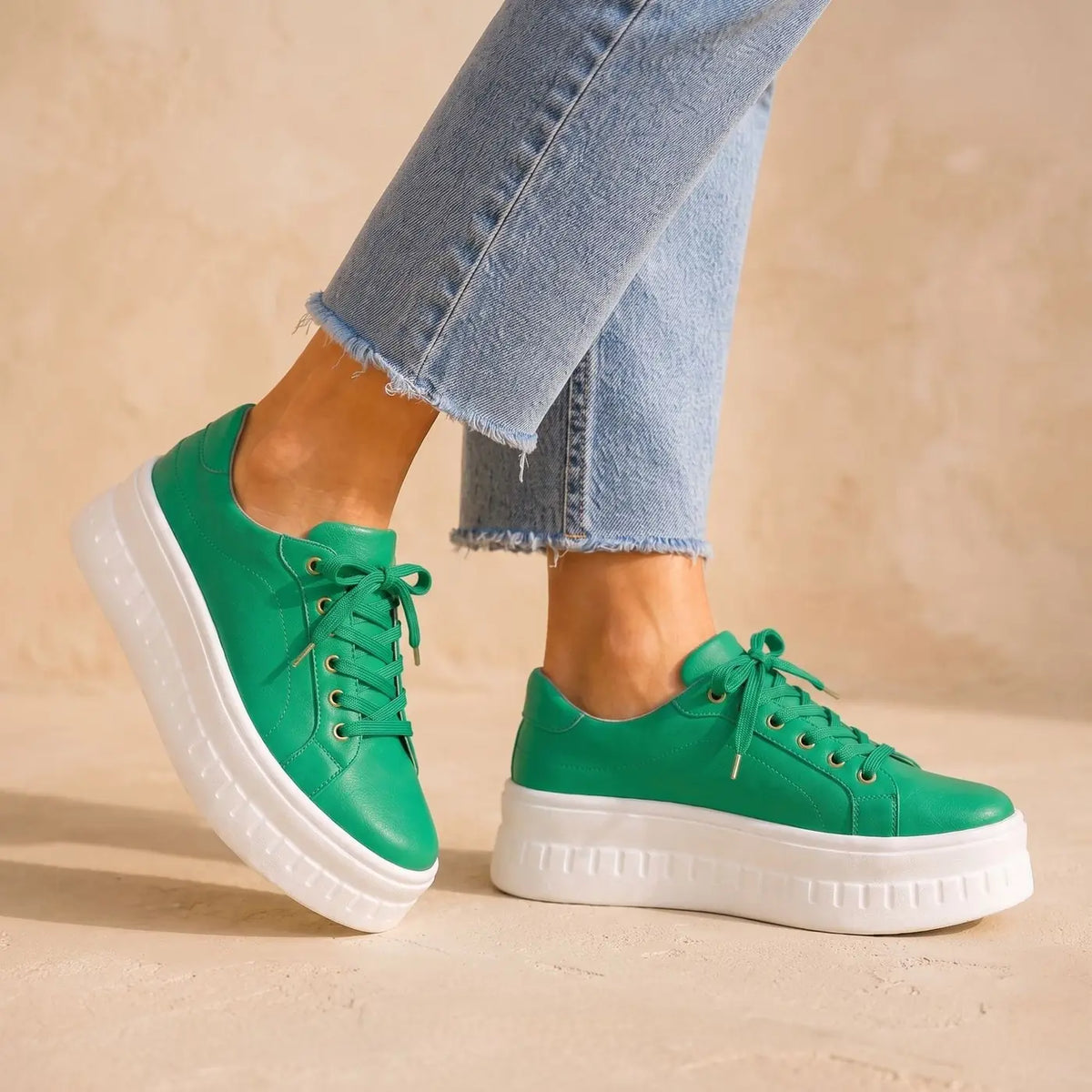 Green Women's Orthopedic Platform Sneakers with Cushioned Arch Support & Lace-Up Closure — Tia - Studio Pose