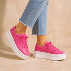 Pink Women's Orthopedic Platform Sneakers with Cushioned Arch Support & Lace-Up Closure — Tia - Outdoor Pose