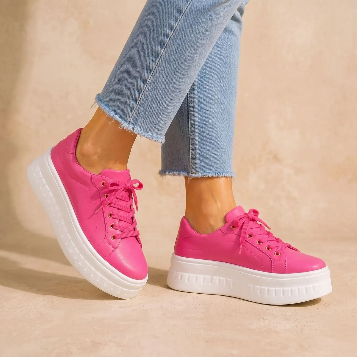 Pink Women's Orthopedic Platform Sneakers with Cushioned Arch Support & Lace-Up Closure — Tia - Outdoor Pose