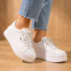 White Women's Orthopedic Platform Sneakers with Cushioned Arch Support & Lace-Up Closure — Tia - Lace Up Closeup