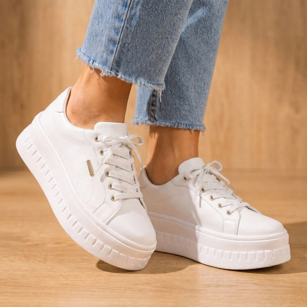 White Women's Orthopedic Platform Sneakers with Cushioned Arch Support & Lace-Up Closure — Tia - Lace Up Closeup