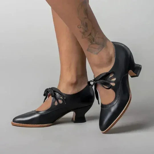 Black Women's Orthopedic Vintage Comfort Shoes with Lace-Up Cutout Detail & Cushioned Heel — Adeline - Studio Crossed Legs