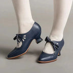 Navy Women's Orthopedic Vintage Comfort Shoes with Lace-Up Cutout Detail & Cushioned Heel — Adeline - Front Full Standing
