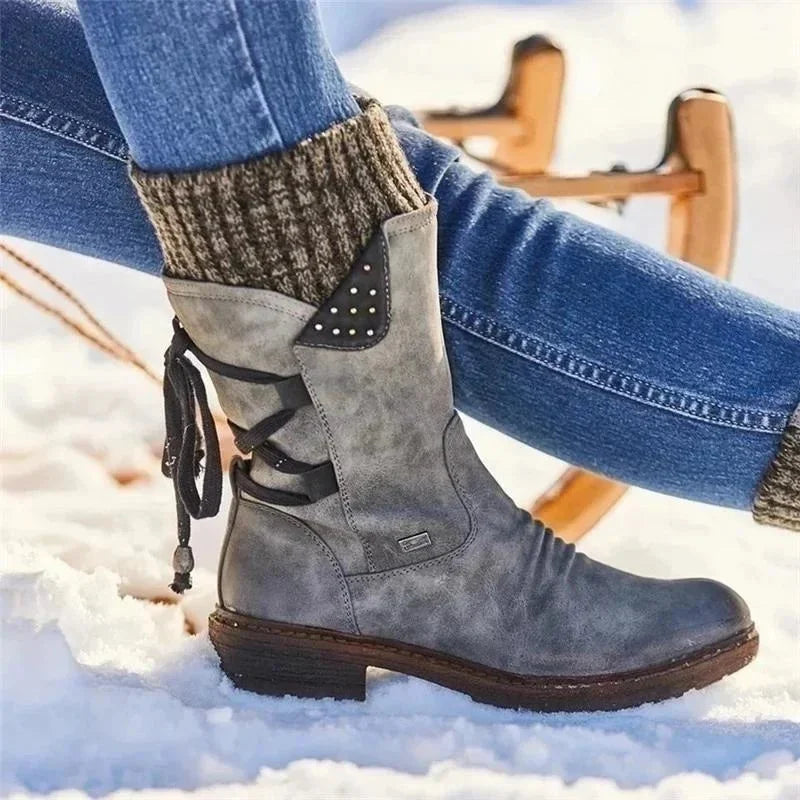 Women's Orthopedic Winter Shoes with Knit Cuff & Lace-Up Detail - Worn Close Up