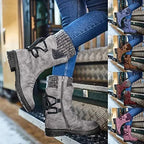 Gray Women's Orthopedic Winter Shoes with Knit Cuff & Lace-Up Detail - Worn Lifestyle Angle