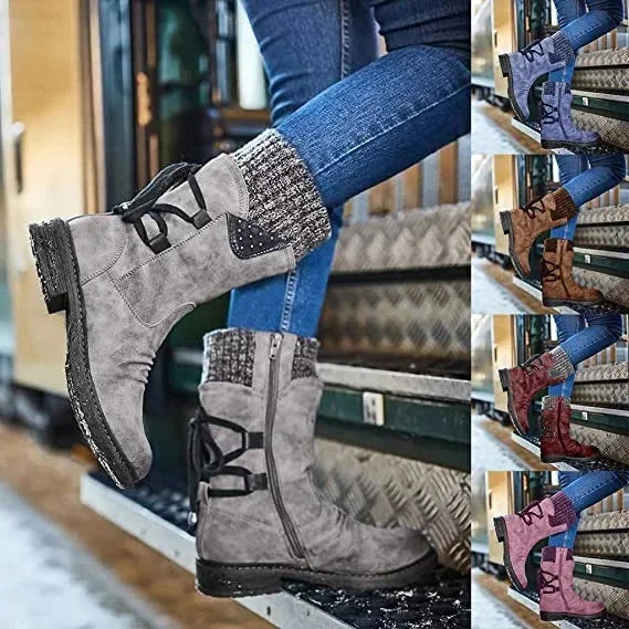 Gray Women's Orthopedic Winter Shoes with Knit Cuff & Lace-Up Detail - Worn Lifestyle Angle