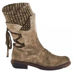Khaki Women's Orthopedic Winter Shoes with Knit Cuff & Lace-Up Detail - Studio Lace Detail