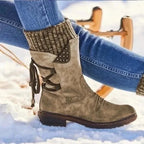 Women's Orthopedic Winter Shoes with Knit Cuff & Lace-Up Detail - Worn Outdoor Snow