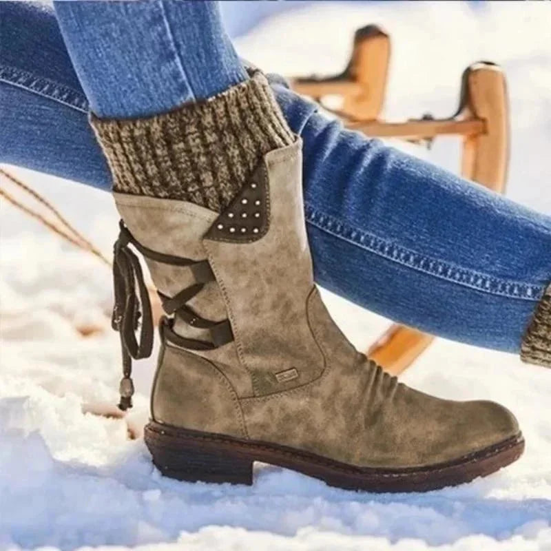 Women's Orthopedic Winter Shoes with Knit Cuff & Lace-Up Detail - Worn Outdoor Snow