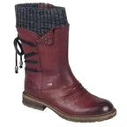 Red Women's Orthopedic Winter Shoes with Knit Cuff & Lace-Up Detail - Studio Zipper Detail