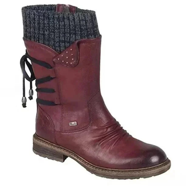 Red Women's Orthopedic Winter Shoes with Knit Cuff & Lace-Up Detail - Studio Zipper Detail
