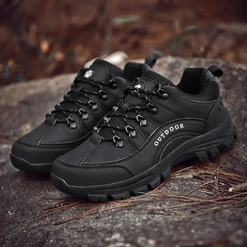 Black Men's Outdoor Lace-Up Walking Shoes — Finley Synthetic Leather Non-Slip Trail - Pair On Rock