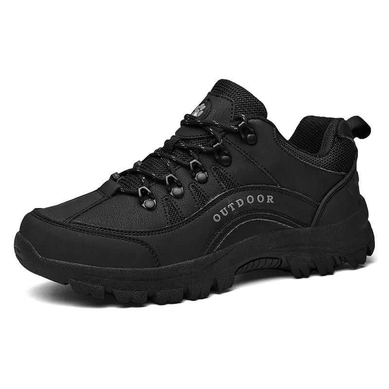 Black Men's Outdoor Lace-Up Walking Shoes — Finley Synthetic Leather Non-Slip Trail - Studio Angle
