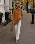 Coffee Women's Oversized Asymmetric Sweater with Side Slit Hem & Long Sleeves - Walking Street