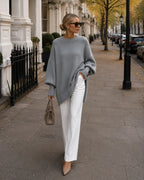 Light Grey Women's Oversized Asymmetric Sweater with Side Slit Hem & Long Sleeves