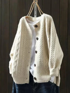 Beige Women's Oversized Cable Knit Cardigan with Button-Front & Relaxed Fit — Freya