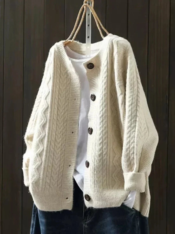 Beige Women's Oversized Cable Knit Cardigan with Button-Front & Relaxed Fit — Freya