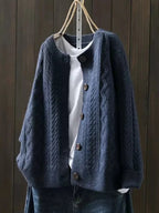 Navy Women's Oversized Cable Knit Cardigan with Button-Front & Relaxed Fit — Freya - Front Open