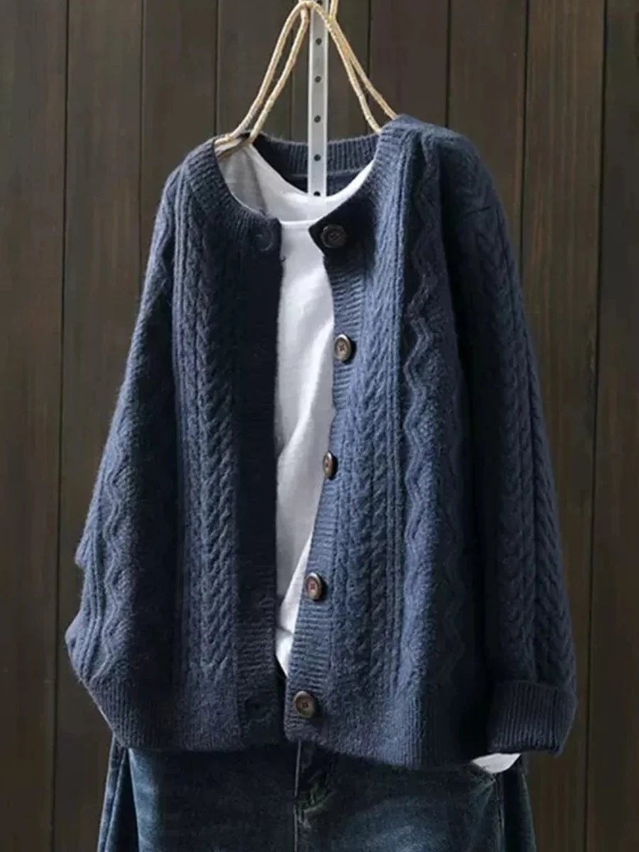 Navy Women's Oversized Cable Knit Cardigan with Button-Front & Relaxed Fit — Freya - Front Open