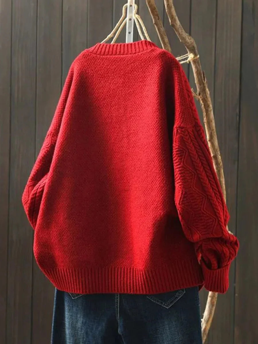 Red Women's Oversized Cable Knit Cardigan with Button-Front & Relaxed Fit — Freya - Back Detail