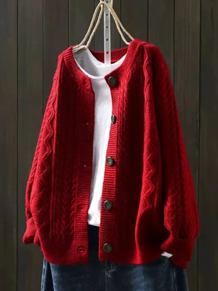 Red Women's Oversized Cable Knit Cardigan with Button-Front & Relaxed Fit — Freya