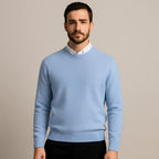Light Blue Men's Oversized Crew Neck Sweater with Long Sleeves & Ribbed Trim — Emmett - Worn Lifestyle