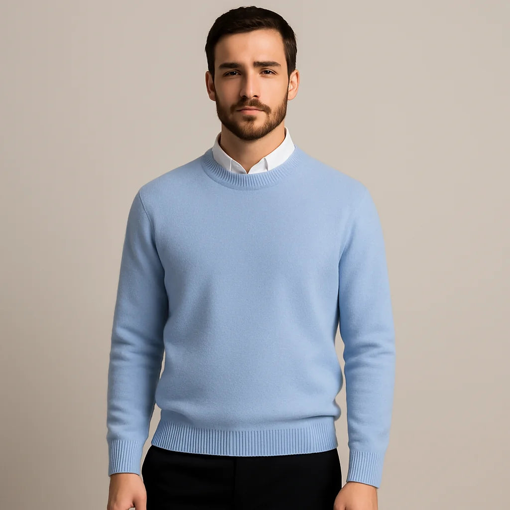 Light Blue Men's Oversized Crew Neck Sweater with Long Sleeves & Ribbed Trim — Emmett - Worn Lifestyle