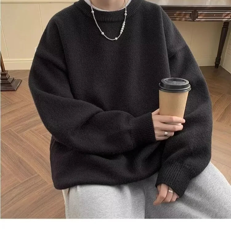Black Women's Oversized Sweater with Crew Neck & Ribbed Cuffs