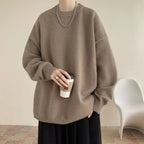 Light Brown Women's Oversized Sweater with Crew Neck & Ribbed Cuffs - Front Worn Coffee Cup