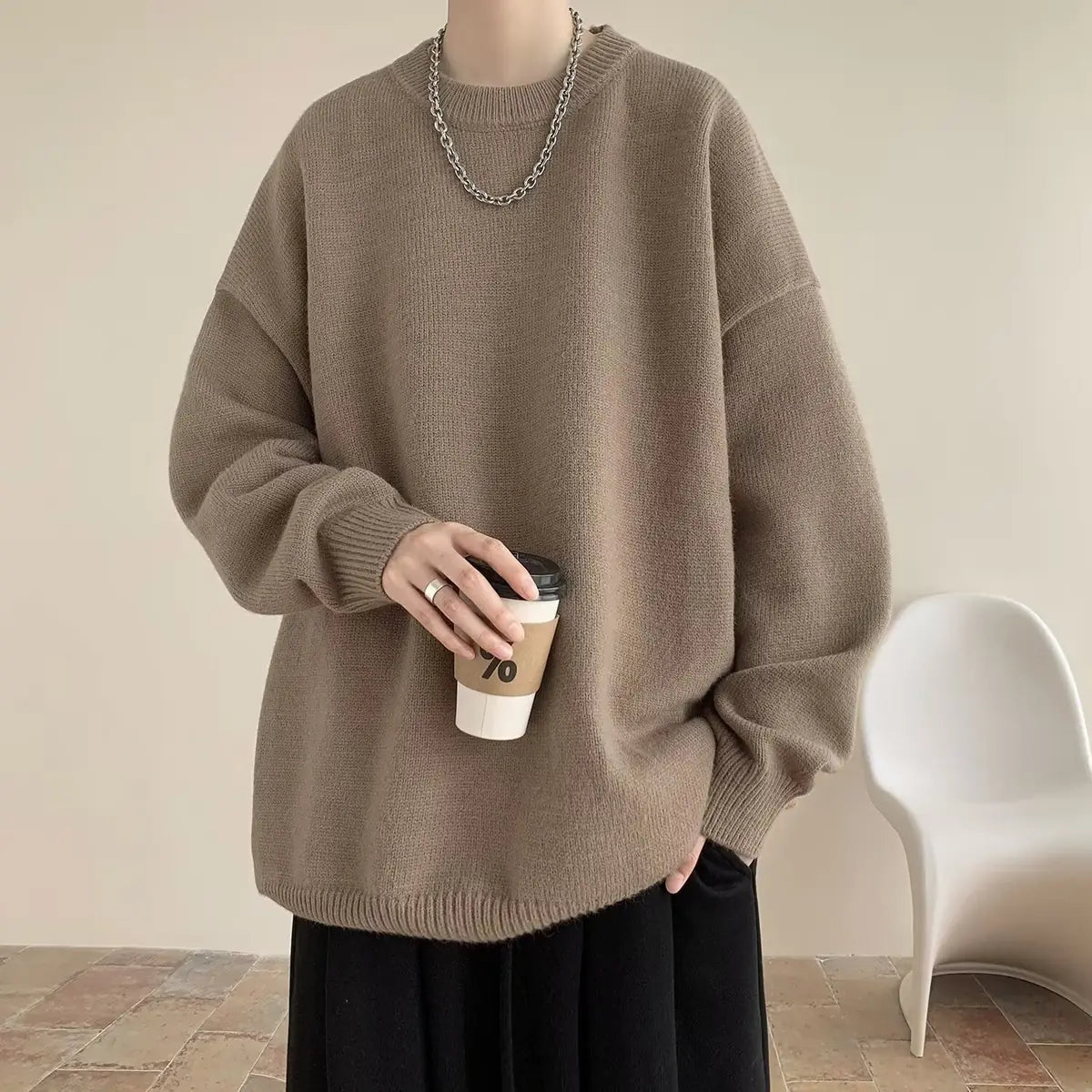 Light Brown Women's Oversized Sweater with Crew Neck & Ribbed Cuffs - Front Worn Coffee Cup