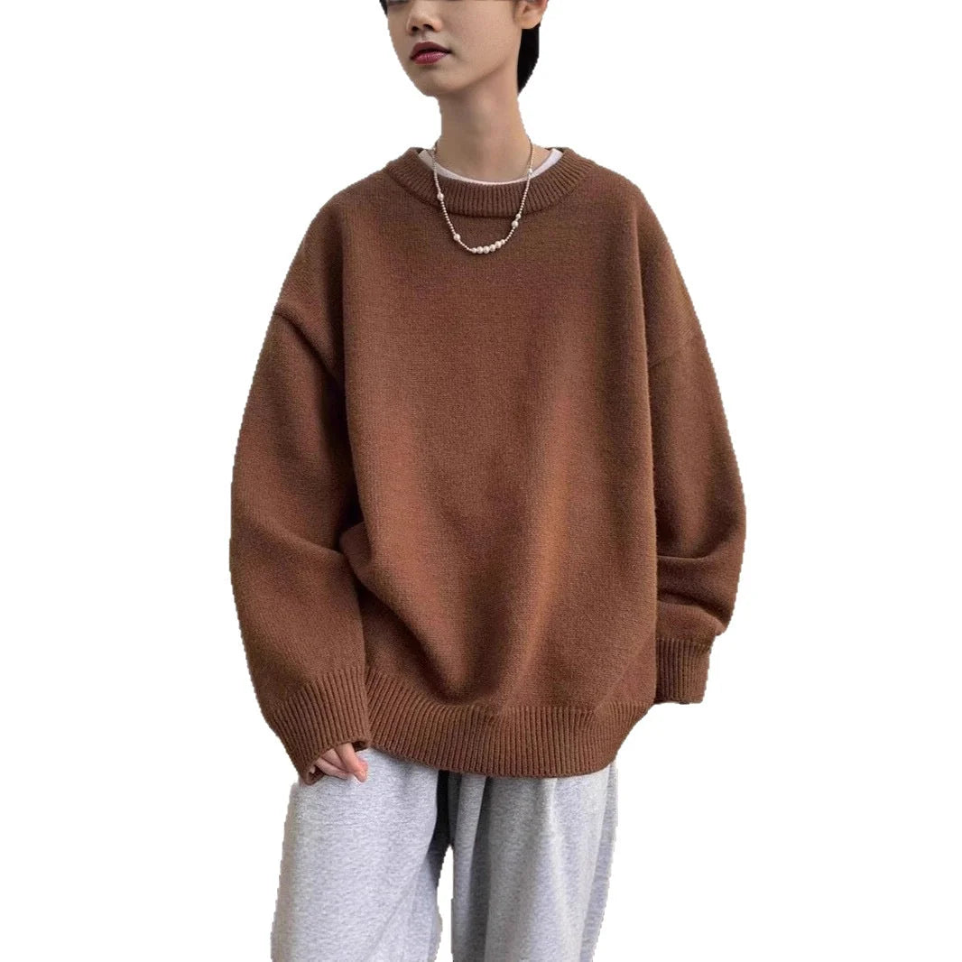Women's Oversized Sweater with Crew Neck & Ribbed Cuffs - Front Worn Female